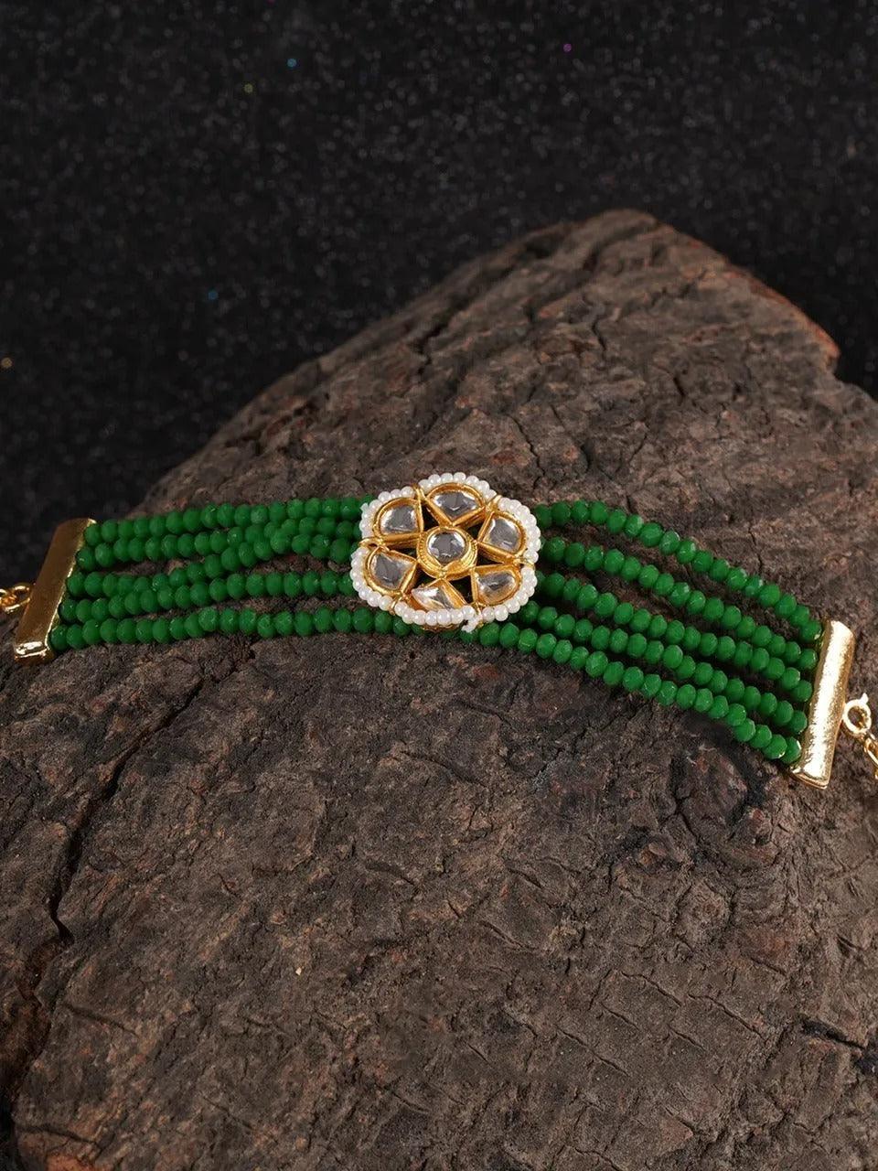 Kundan Work Glass Crystal Beads Bracelet Green Green Glass