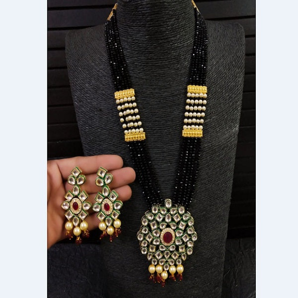Glass Crystal Beaded Kundan Multilayer Designer Necklace Earring Set Black