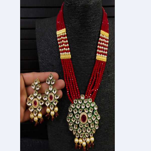 Glass Crystal Beaded Kundan Multilayer Designer Necklace Earring Set Maroon