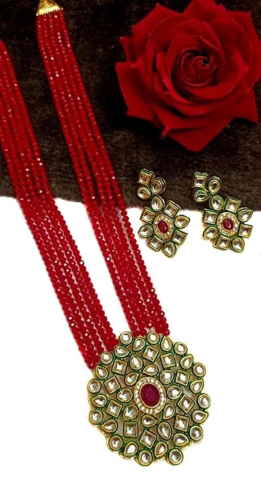 Glass Crystal Beaded Kundan Multilayer Necklace Earring Set Red Glass Pc