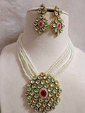 Glass Pearl Beaded Kundan Multilayer Necklace Earring Set White