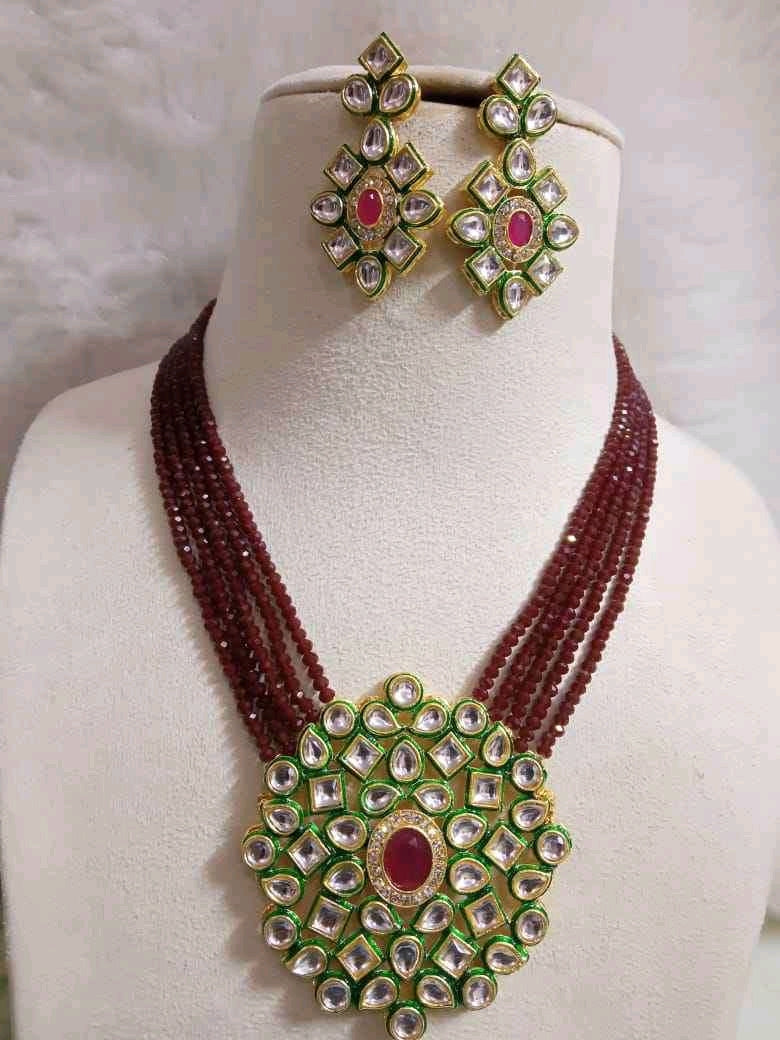 Glass Crystal Beaded Kundan Multilayer Necklace Earring Set White