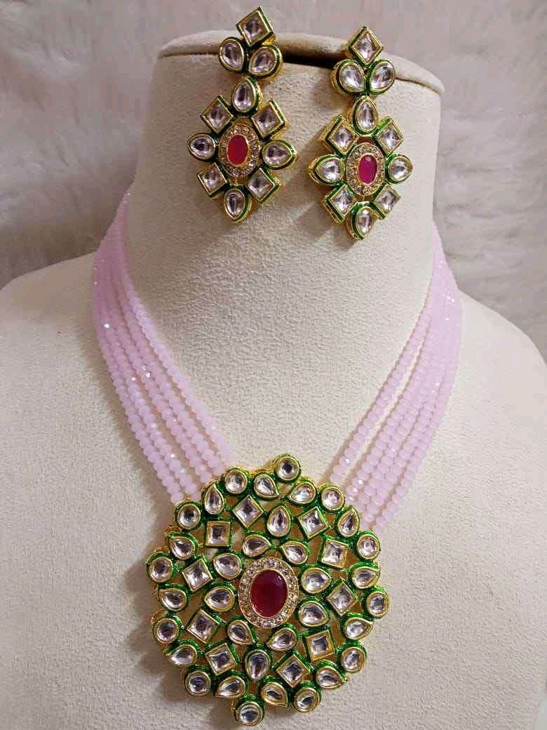 Glass Crystal Beaded Kundan Multilayer Necklace Earring Set Pink