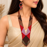 Handcrafted Red & Black Geometric Beaded Necklace Set