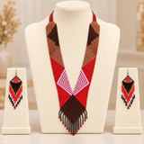 Handcrafted Red & Black Geometric Beaded Necklace Set
