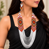Handcrafted Festive White & Vermilion Multistrand Beaded Necklace Set