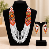Handcrafted Festive White & Vermilion Multistrand Beaded Necklace Set