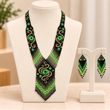 Handcrafted Emerald Swirl Beaded Statement Necklace Set