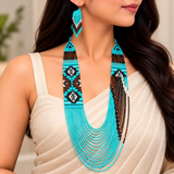 Handcrafted Turquoise Tribal Cascade Beaded Necklace Set
