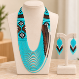 Handcrafted Turquoise Tribal Cascade Beaded Necklace Set