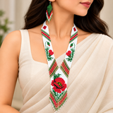 Handmade Red Poppy Floral Beaded Necklace Set