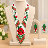 Handmade Red Poppy Floral Beaded Necklace Set