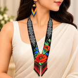 Handmade Floral Black Beaded Statement Necklace Set