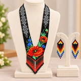 Handmade Floral Black Beaded Statement Necklace Set