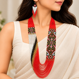 Handmade Red Multi-Strand Tribal Beaded Statement Necklace Set
