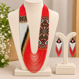 Handmade Red Multi-Strand Tribal Beaded Statement Necklace Set