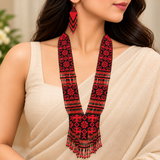 Handmade Red & Black Tribal Geometric Beaded Statement Necklace Set