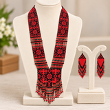 Handmade Red & Black Tribal Geometric Beaded Statement Necklace Set