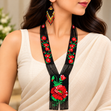 Handmade Red Poppy Floral Beaded Statement Necklace Set