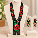 Handmade Red Poppy Floral Beaded Statement Necklace Set