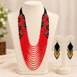 Handmade Red Poppy Multi-Strand Beaded Necklace Set