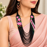 Handmade Pink Rose Floral Multi-Strand Beaded Necklace Set