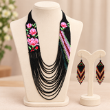 Handmade Pink Rose Floral Multi-Strand Beaded Necklace Set