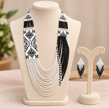 Handmade Black & White Tribal Pattern Multi-Strand Beaded Necklace Set