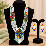 Handmade Multicolor Floral Geometric Beaded Necklace Set