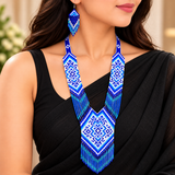 Handmade Blue & White Geometric Multi-Strand Beaded Necklace Set