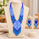 Handmade Blue & White Geometric Multi-Strand Beaded Necklace Set