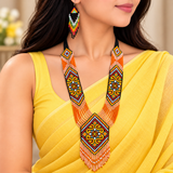 Name: Orange Tribal Geometric Beaded Necklace Set