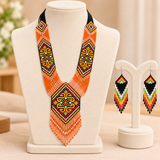 Name: Orange Tribal Geometric Beaded Necklace Set