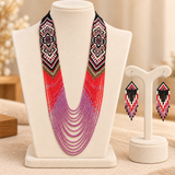 Handmade Ruby & Lavender Tribal Beaded Necklace Set