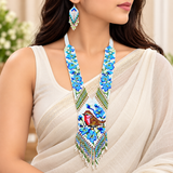 Handmade Blue Floral Bird Motif Tribal Beaded Necklace Set