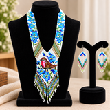 Handmade Blue Floral Bird Motif Tribal Beaded Necklace Set