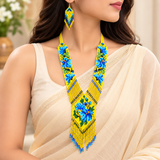 Handmade Yellow & Blue Floral Tribal Beaded Necklace Set