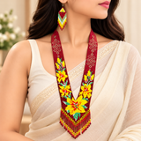 Handmade Red & Yellow Floral Tribal Beaded Necklace Set