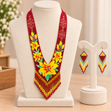 Handmade Red & Yellow Floral Tribal Beaded Necklace Set