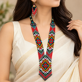 Handmade Red & Black Geometric Tribal Beaded Necklace Set