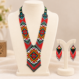 Handmade Red & Black Geometric Tribal Beaded Necklace Set
