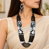 Handmade Black & White Tribal Multi-Strand Beaded Necklace Set with Blue Accents