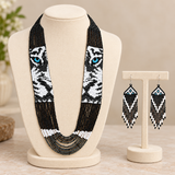 Handmade Black & White Tribal Multi-Strand Beaded Necklace Set with Blue Accents