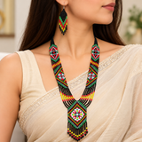 Handmade Black & Red Multicolor Tribal Geometric Beaded Necklace Set