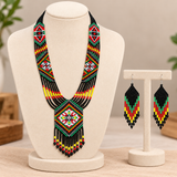 Handmade Black & Red Multicolor Tribal Geometric Beaded Necklace Set