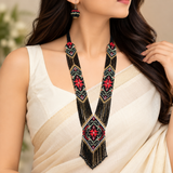 Handmade Black & Red Tribal Geometric Beaded Necklace Set with Matching Earrings