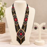 Handmade Black & Red Tribal Geometric Beaded Necklace Set with Matching Earrings