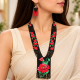Handmade Black & Red Floral Beaded Tribal Necklace Set with Matching Earrings