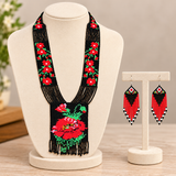 Handmade Black & Red Floral Beaded Tribal Necklace Set with Matching Earrings