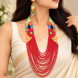 Handmade Red Multi-Strand Floral Tribal Beaded Necklace Set with Matching Earrings